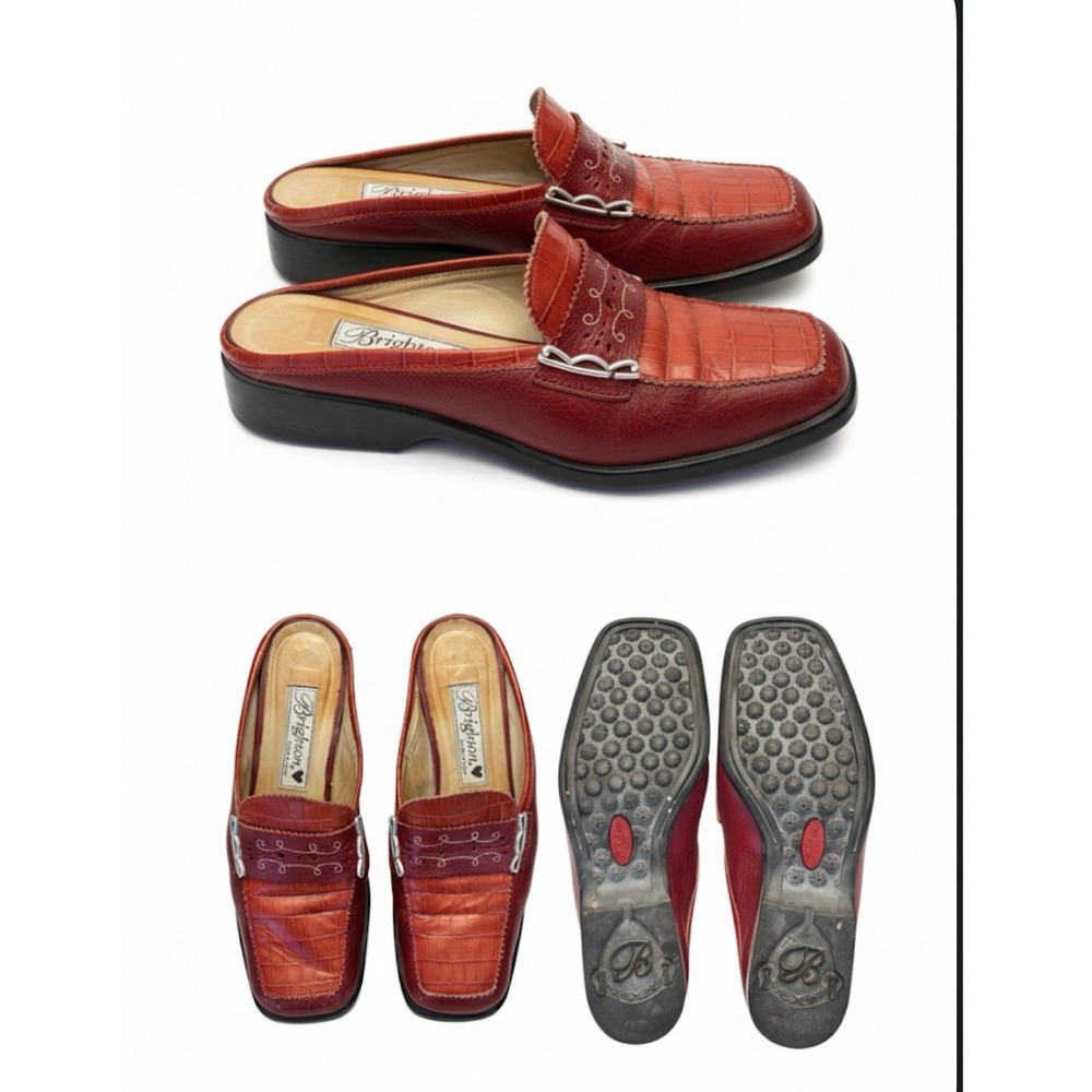 Brighton Lisa Womens 5 Red Leather Shoes Mules Silver Slides Made In Italy